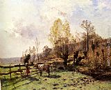 Cows Paintings - A Pastoral Scene with a Milkmaid and a Cow by Leon Germain Pelouse